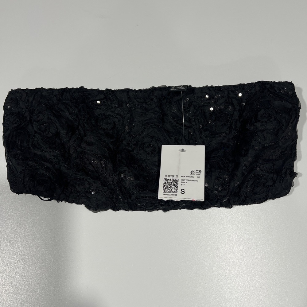 FOREVER 21 Black Tube Top Floral Sequin Rosette Back Zipper Size S